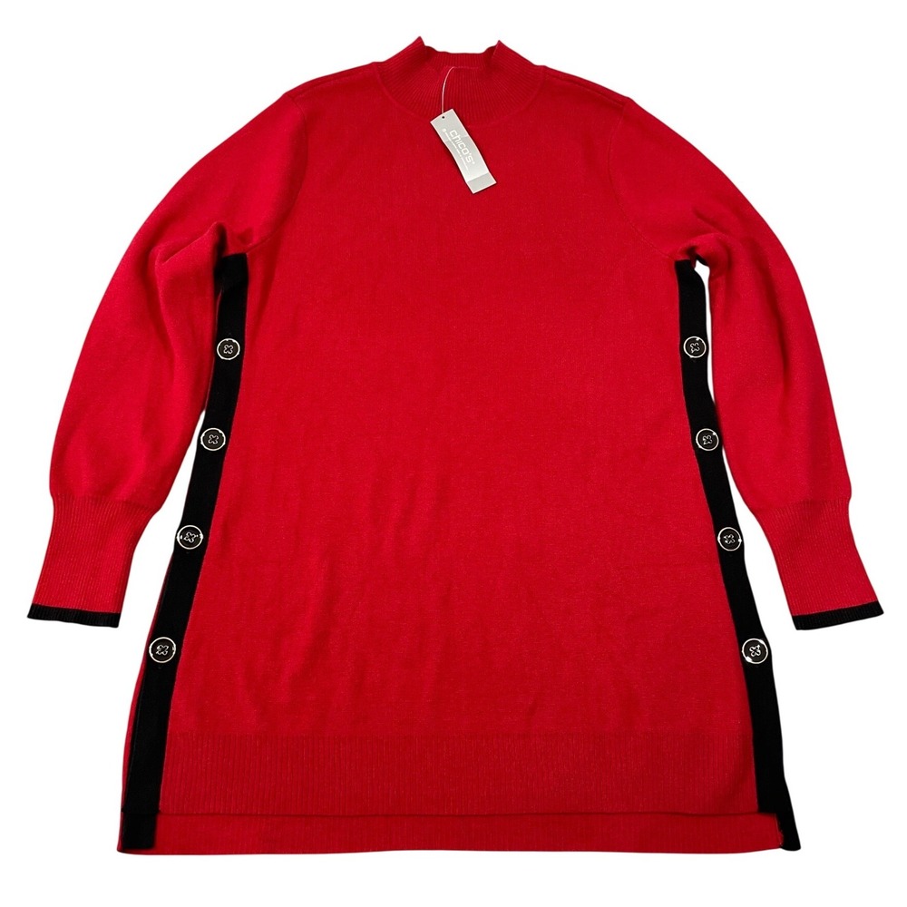NWT Chico's Tunic Sweater Pullover Wild Poppy Red Black Side Buttons Size M (1)